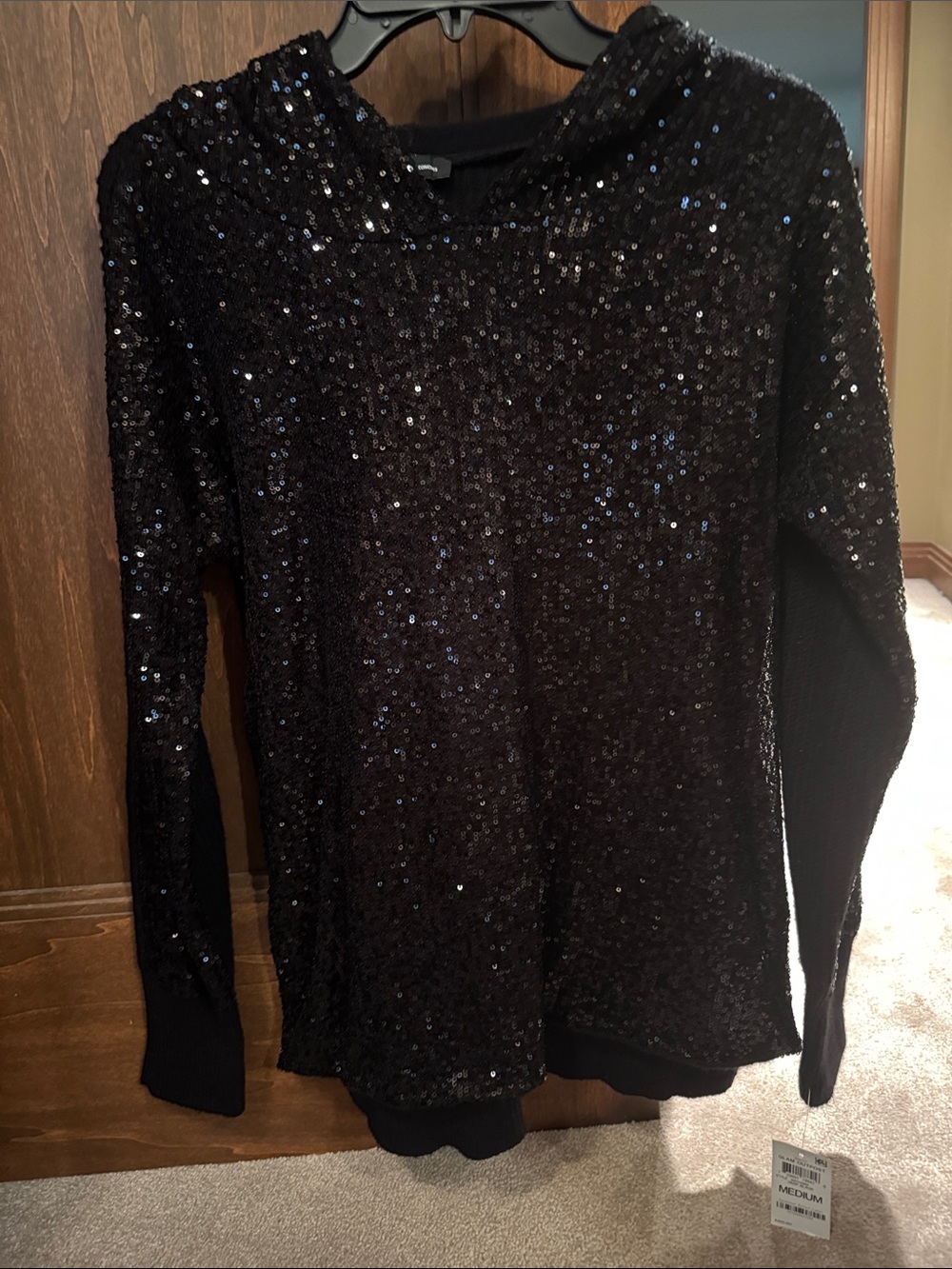 INC International Concepts Black Sequin Hooded Knit Top